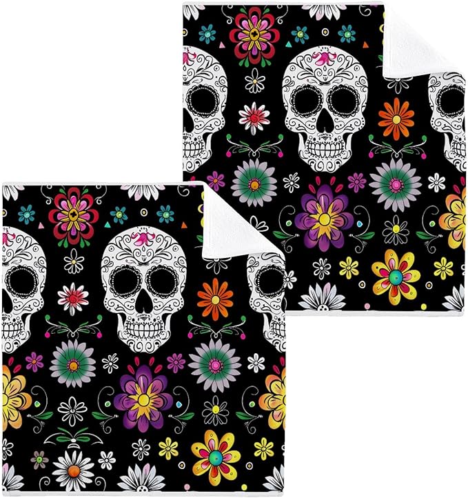 ALAZA Wash Cloth Set 100% Cotton Fingertip Towels Face Cloths Sets Sugar Skull Highly Absorbent Soft Feel Set of 2 - sugar skull beach towel