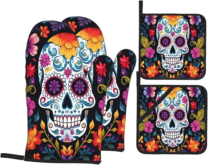 Floral Sugar Skull Oven Mitts and Pot Holders Set, Skeleton Mexico 2 Oven Gloves and 2 Hot Pads Heat Resistant for Cooking Grilling Kitchen Baking Accessories Gifts - sugar skull oven mitts