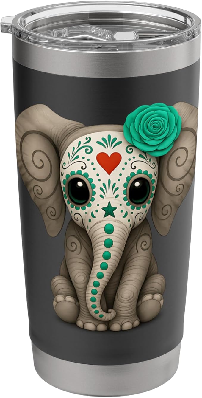 Sugar Skull Elephant Halloween Design for Women Kids Men Stainless Steel Insulated Tumbler - sugar skull tumbler with straw