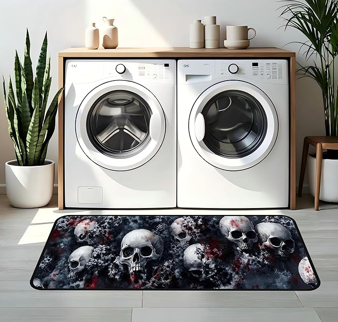 Decorative Laundry Room Floor Mat Skull Non-Slip Washable Farmhouse Kitchen Rug 48"x20" Halloween Rugs - sugar skull area rug
