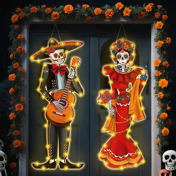 Karenhi 2 Pcs Dia De Muertos Decorations Day of The Dead Porch Decor Mexico Day of The Dead Porch Signs with LED Lights Halloween Sugar Skull Couple Catrina Decor for Mexican Fiesta Party Outdoor Wall - sugar skull table lamp