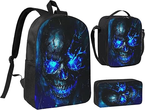 Skull Kid Backpack Set with Lunch Bag & Pencil Case Large Capacity School Bag 17 Inch Bookbag for Boy Girl - best sugar skull backpack