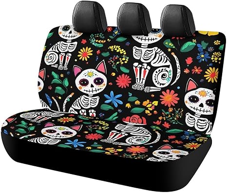 Soft Universal Fit Auto Dirt Proof Pet Car Seat Cover, Bench Seat Cushion Covers, Day of The Dead Black Cat Rose Sugar Skull Skeleton Fashion Car Back Seat Cover - sugar skull car pet seat cover