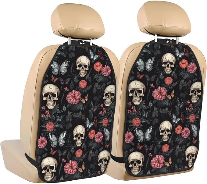 Gothic Flower Butterfly Sugar Skull Car Seat Protector Backseat Car Organizer Personalized Anti-Kick Mats Back Seat Storage Cover 2 Pcs For Vehicles To Protect - sugar skull car floor mats