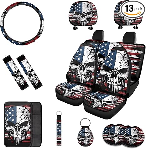 13 Pcs American Flag Skull Car Seat Covers Full Set with Auto Steering Wheel Cover Armrest Cushion Protector Seat Belt Covers, Automotive Interior Sets Unverisal Fit Cars SUV Turcks - sugar skull car pet seat cover