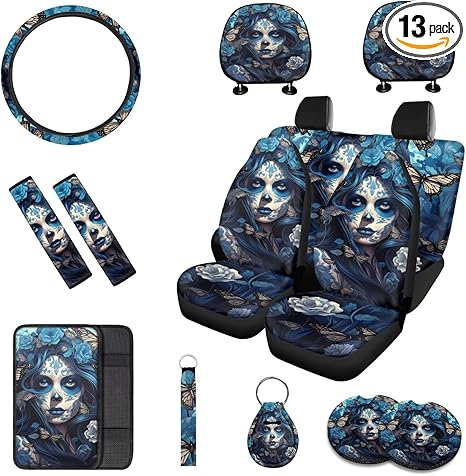 13 Pcs Sugar Skull Girl Car Seat Covers with Steering Wheel Cover, Seat Belt Covers Cup Holder Keychain, Blue Automotive Protector Set Unverisal Fit Cars SUV Turcks - sugar skull car floor mats