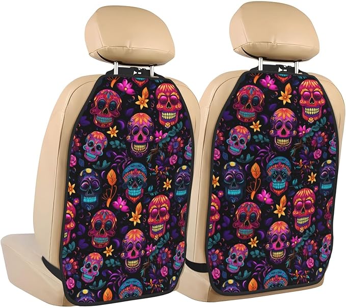 Neon Sugar Skull Car Seat Protector Backseat Car Organizer Personalized Anti-Kick Mats Back Seat Storage Cover 2 Pcs For Vehicles To Protect - sugar skull car floor mats