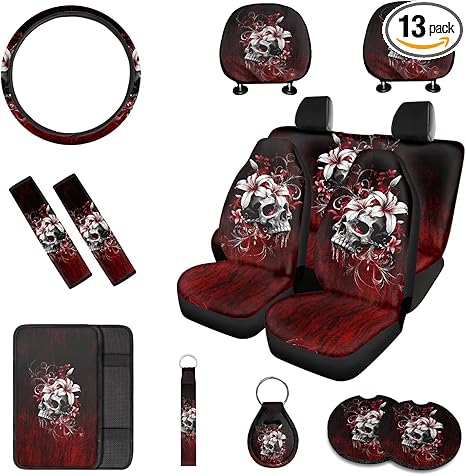 Bloody Hibiscus Skull Car Seat Cover Full Set of 13, with Front & Rear Seats, Seat Belt Covers, Armrest Covers, Keychains, Coasters, Universal Fit for SUV Trucks Sedan - sugar skull car seat covers set