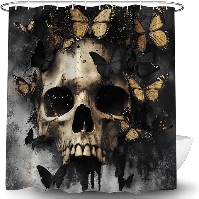 Skull Butterfly Shower Curtain Dark Gold Gothic Skeleton Halloween Vintage Spooky Gothic Black Horror Creepy Scary Dead Fabric Bath Curtain with Hook - sugar skull shower curtain set