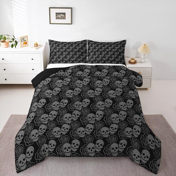 Feelyou Sugar Skull Bedding Set for Kids Boys Girls Gothic Skull Comforter Set Twin Size Halloween Themed Duvet Quilt Bedroom Decor Breathable Soft Lightweight Microfiber Black 2Pcs - sugar skull bedding set