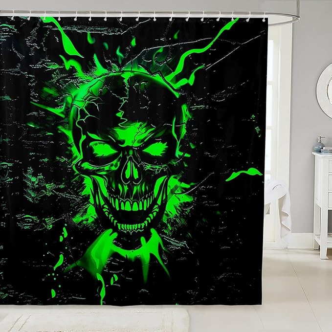 Erosebridal Goth Skull Shower Curtain 72" W x 72" L,Green Black Bathroom Curtain,Neon Sugar Skull Bathroom Accessories,Halloween Gothic Fabric Shower Curtains - sugar skull shower curtain set