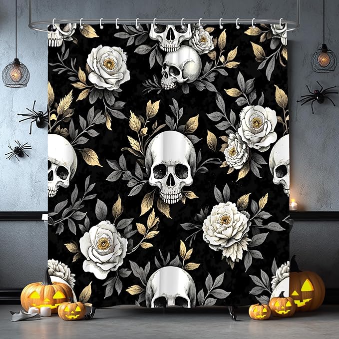 Skull Floral Shower Curtain Sugar Skeleton Gothic Halloween Vintage Flower Leaf Horror Scary Spooky Fabric Bathroom Curtain Set with Hooks(70" WX70 H) - sugar skull shower curtain set