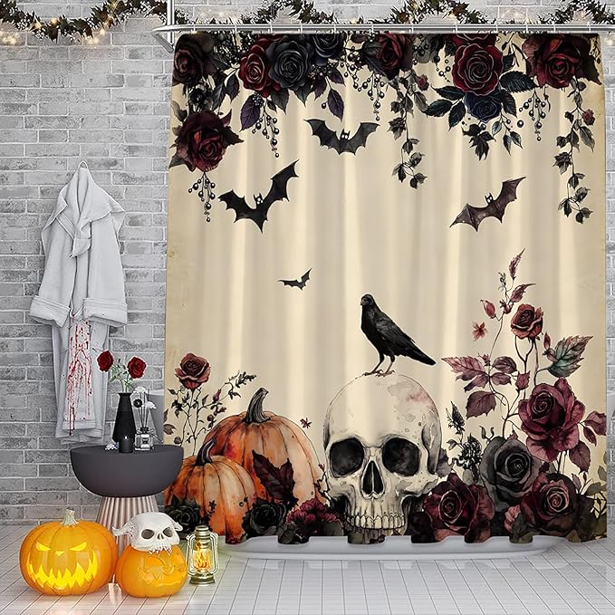 Gothic Halloween Shower Curtain Skull Rose Floral Retro Crow Pumpkins Scary Vintage Fabric Bathroom Decor Curtains with Hooks,White - sugar skull shower curtain set