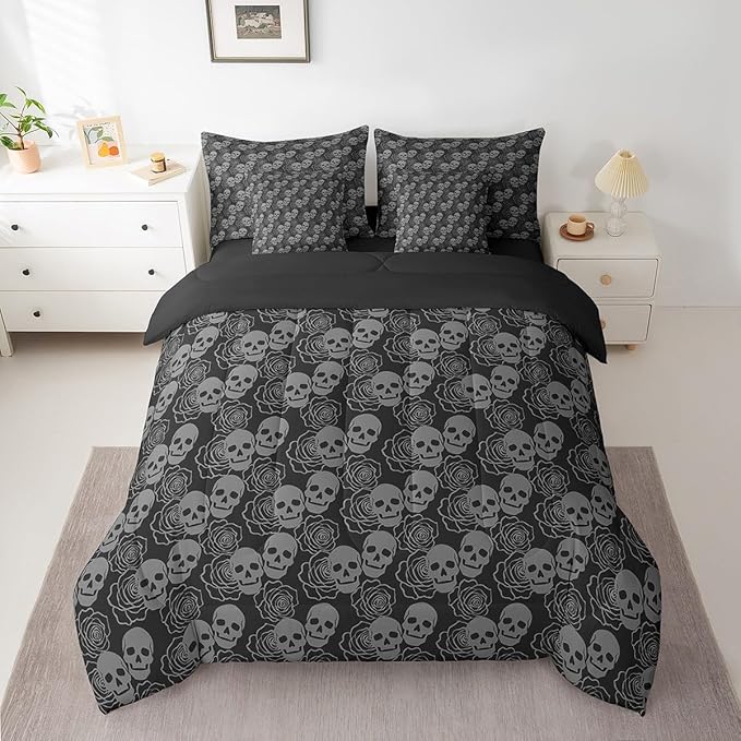 Feelyou Sugar Skull 7 Piece Bedding Set for Kids Boys Girls Gothic Skull Comforter Set with Sheets，Pillowcases & Cushion Cover Twin Size Halloween Themed Bed in a Bag Breathable Soft Microfiber Black - sugar skull bedding set
