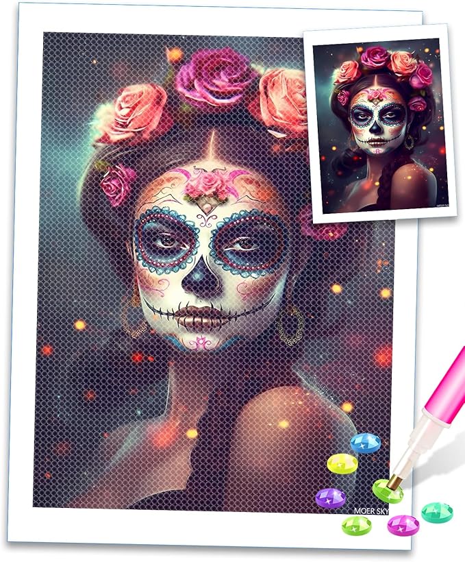 MOER SKY Diamond Painting Kits Mexican Woman Sugar Skull Diamond Art Kits for Adults Skull Painting Crafts Home Wall Decor DIY 5D Gem Art Perfect for Relaxation 12x16 inch - sugar skull canvas wall art
