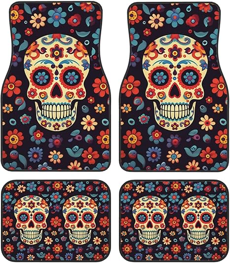 Front Rear Automotive Floor Mats Sugar Skulls Car Foot Mat Set of 4 Pieces, Foot Mat Four-Piece Set,Anti-Slip Easy to Clean Universal Car Mats,for SUV,Sedans,Truck - sugar skull car floor mats