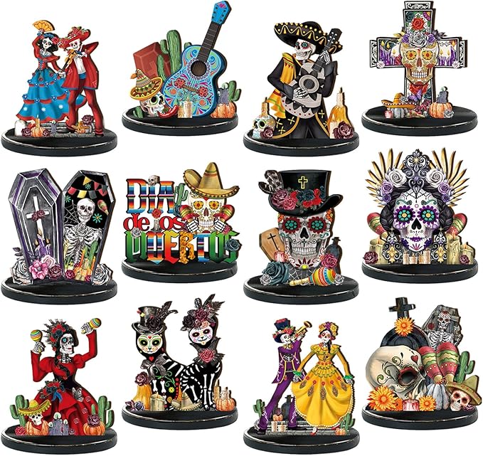 Wesiti 12 Pcs Day of The Dead Table Decorations Wooden Mexican Dia De Los Muertos Altar Centerpiece Halloween Sugar Skull Table Topper Decor Skeleton for Mexican Fiesta Tiered Tray Decor Party Favor - sugar skull figurine collectible