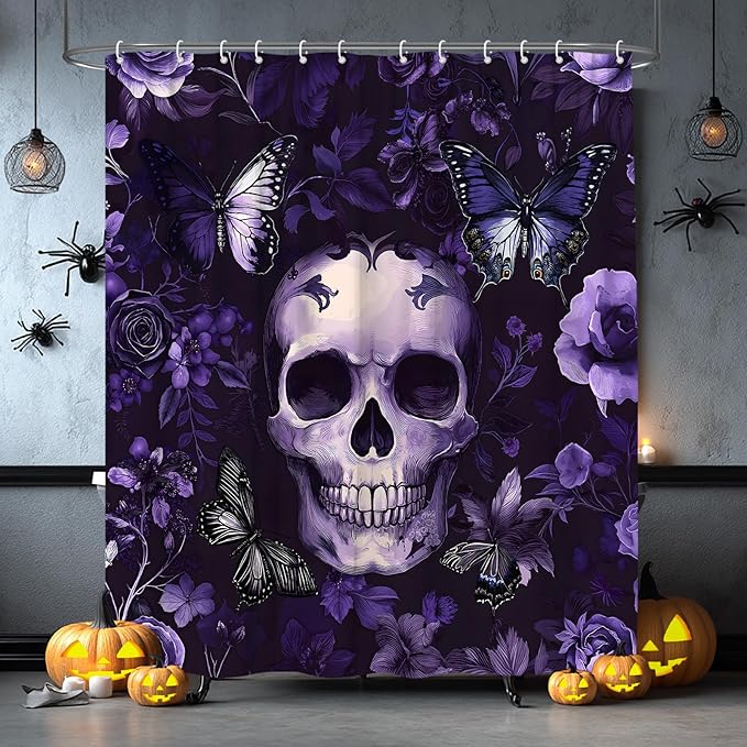 Sugar Skull Shower Curtain Vinatge Gothic Skeleton Purple Floral Butterfly Halloween Horror Spooky Mysterious Bathroom Curtain Fabric with Hooks(70" WX70 H) - sugar skull shower curtain set