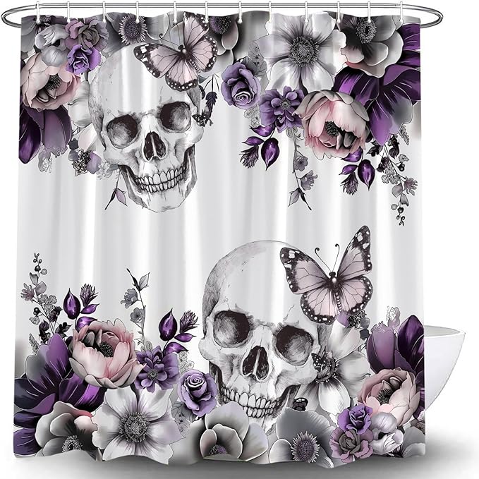 Skull Flower Gothic Shower Curtain Gothic Halloween Purple Floral Butterfly Sugar Skeleton Dark Spooky Scary Retro Goth Retro Bath Curtain with Hook,70x70 Inch - sugar skull shower curtain set