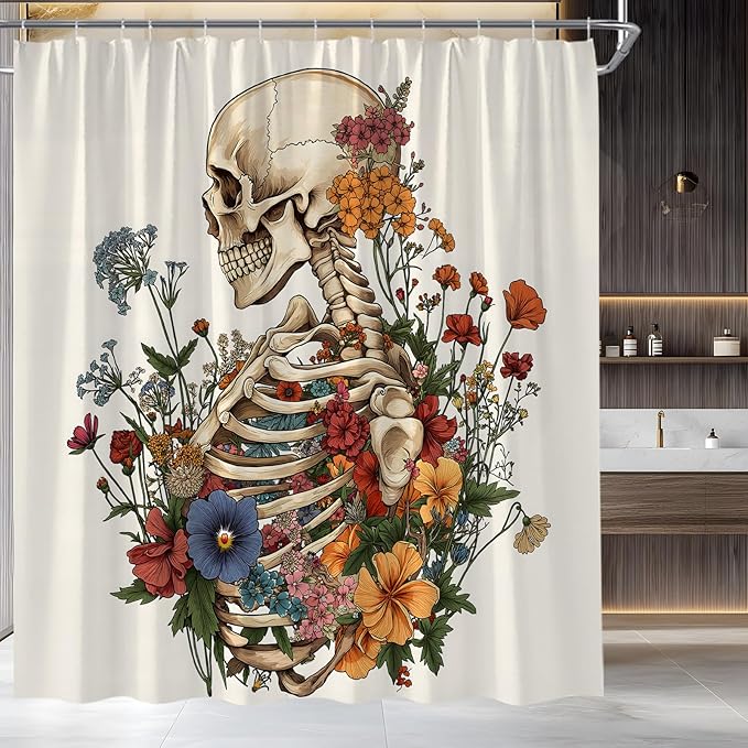 Sugar Skull Floral Shower Curtain Spooky Halloween Gothic Skeleton Plant Vintage Mystical Artwork Fabric Bathroom Decor Set,70x70 inch - sugar skull shower curtain set