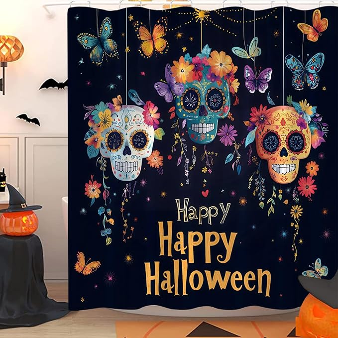 Halloween Mexican Shower Curtain Day of The Dead Gothic Sugar Skeleton Spooky Funny Skull Flower Butterfly Hispanic Style Abstract Holiday Bath Curtain with Hook,70x70 Inch - sugar skull shower curtain set