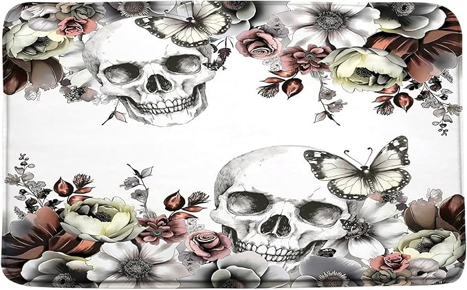 Skull Flower Gothic Bath Mat Gothic Halloween Red Floral Butterfly Sugar Skeleton Dark Spooky Scary Retro Goth Retro Bathroom Kitchen Memory Foam Rug，16x24 Inch - sugar skull toilet mat set