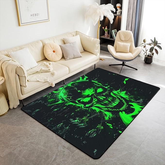 Erosebridal Goth Skull Area Rug 6'6" x 4'11" for Bedroom Living Room Playroom,Green Black Carpet,Neon Sugar Skull Decorative Rug,Halloween Gothic Indoor Floor Mat - sugar skull area rug