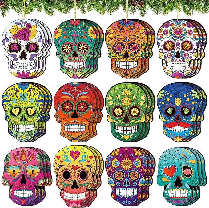 36 Pcs Sugar Skull Ornaments Wooden Day of the Dead Hanging Tag Dia De Los Muertos Wood Sign Mexican Halloween Skeleton Pendent for Christmas Tree Xmas Cinco De Mayo Fiesta Holiday Decoration - sugar skull christmas ornament