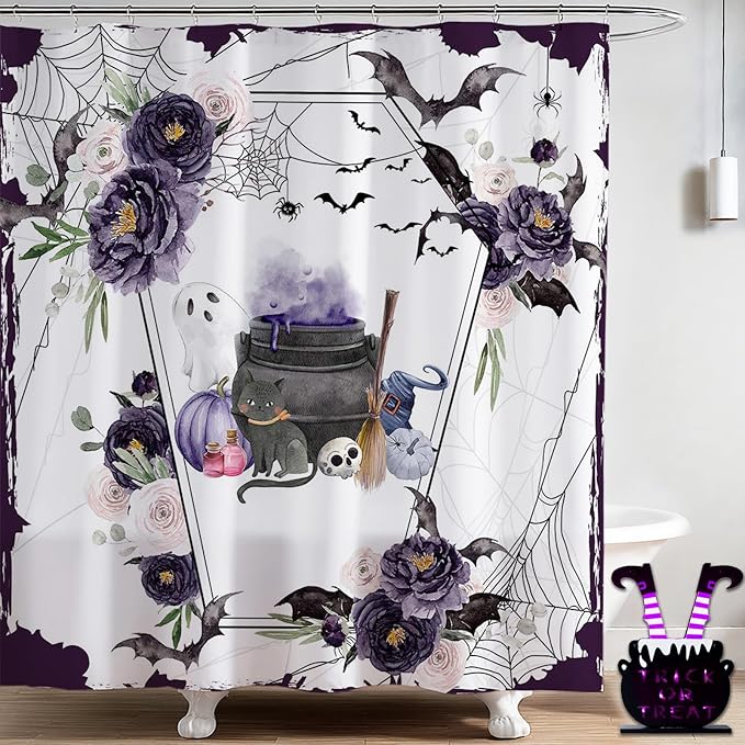 Mocsicka Halloween Shower Curtain Purple Flower Goth Shower Curtain Spooky Floral Halloween Bathroom Decor Retro Vintage Fabric Waterproof Bathroom Curtain Set with 12 Hooks (71x71 inch, Floral) - sugar skull shower curtain set