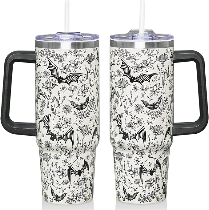 30 Oz Halloween Tumbler with Handle and Straw, Gothic Goth Bat Tumbler Insulated Stainless Steel Coffee Travel Mug Cup Water Bottle, Christmas Halloween Birthday Witchy Gothic Gifts for Men, Women - sugar skull tumbler with straw