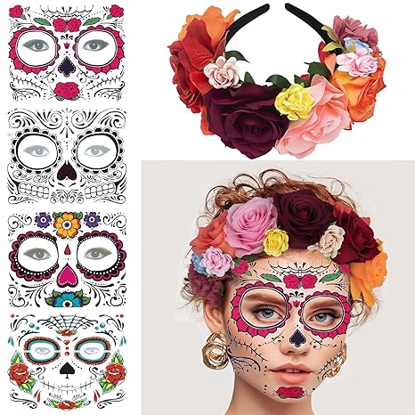4 Kits Day of the Dead Sugar Skull Temporary Face Tattoos Makeup Costumes for Women and Men, DIY Skeleton Face Tattoos with 1 Rose Red Flower Crown Headband for Halloween Party Cosplay Supplies - sugar skull flower crown