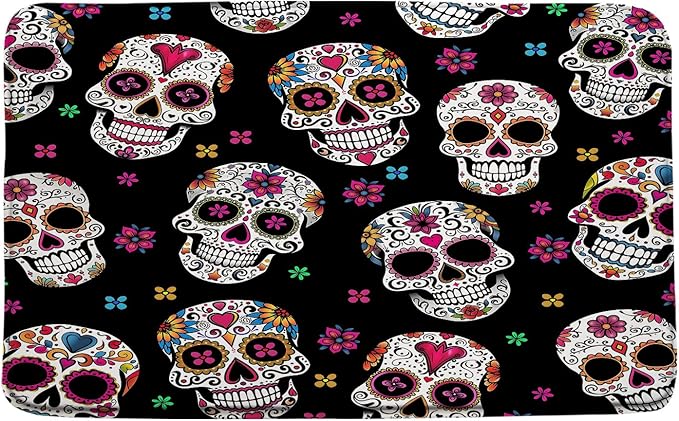 Sugar Skull Bath Mat Halloween Gothic Skeleton Floral Mexican Day of The Dead Horror Boho Flower Microfiber Memory Foam Bathroom Decor Rugs for Kitchen Bedroom - sugar skull area rug