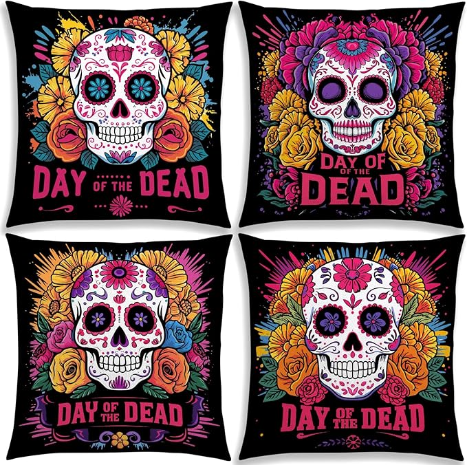Pudodo Linen Day of The Dead Throw Pillow Covers 18x18 Set of 4 Sugar Skull Dia De Los Muertos Party Decoration for Home Bed Couch Sofa - sugar skull throw pillow