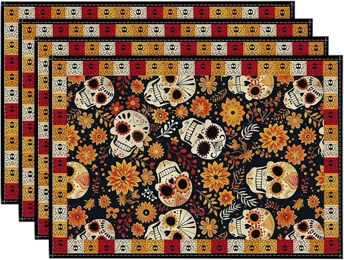 Artoid Mode Sugar Skull Mexican Floral Day of The Dead Placemats Set of 4, 12x18 Inch Dia De Los Muertos Table Mats for Party Kitchen Dining Decoration - sugar skull floor mat