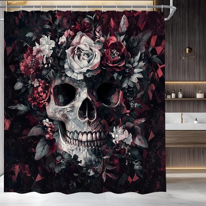 Sugar Skull Floral Shower Curtain Spooky Halloween Gothic Skeleton Flower Vintage Mystical Fabric Bathroom Decor Set,70x70 inch - sugar skull shower curtain set