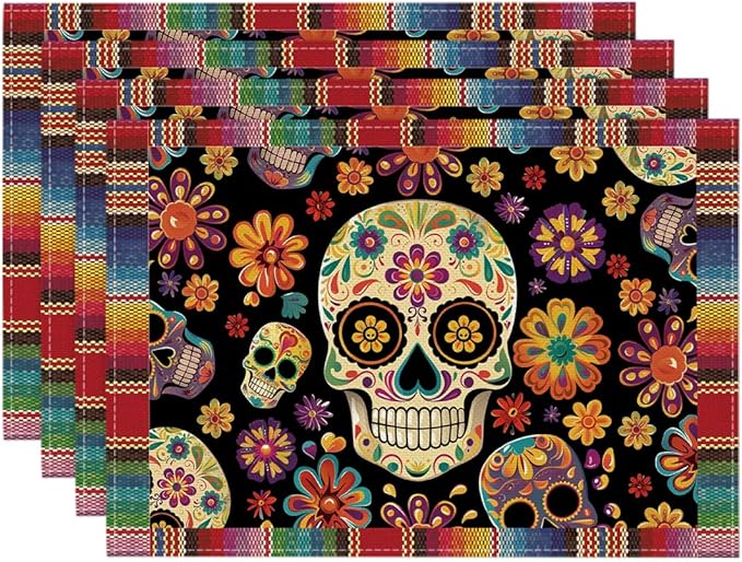 Artoid Mode Flowers Sugar Skull Mexican Day of The Dead Placemats Set of 4, 12x18 Inch Dia De Los Muertos Seasonal Table Mats for Party Kitchen Dining Decoration - sugar skull car floor mats