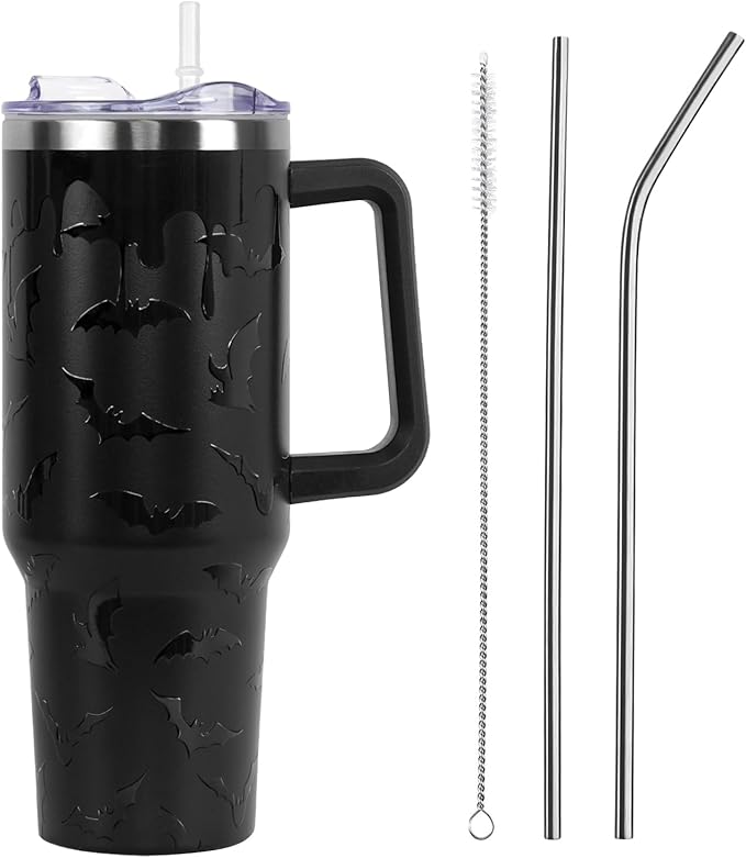Goth Tumbler with Lid and Straw 40oz,5D Black Gothic Bats Vacuum Insulated Leak Proof Tumbler,Cute Spooky Gift Women Girls Accessories Stainless Steel Coffee Cup - sugar skull tumbler with straw