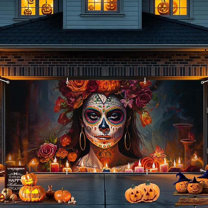 13×6 ft Halloween Day of The Dead Sugar Lady Skull Garage Door Banner – Colorful Catrina Floral Backdrop with Pre-Drilled Grommets & Hanging Rope - sugar skull candle holder
