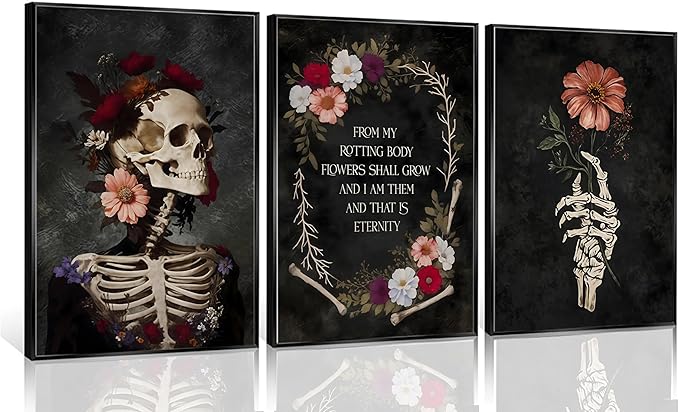 3pcs Gothic Floral Skull Canvas Wall Art Romantic Bone and Bloom Posters Flowers from Rotting Body Prints Paintings Pictures Dark Bathroom Bedroom Living Room Wall Decor Halloween Decoration Unframed - sugar skull poster print
