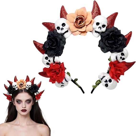 Halloween Skull Rose Devil Horns Headband Gothic Day of the Dead Flower Crown Headpiece for Halloween Cosplay Party Costume Headwear - sugar skull flower crown