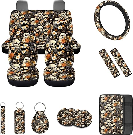Skull Hippie Floral Print Car Seat Covers Full Set with Steering Wheel Cover Seatbelt Pads Armrest Pads Coaster Keychain,Retro Goth Skull Car Interiro Accessories Set - sugar skull car seat covers set