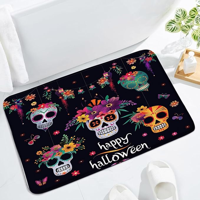 Day of The Dead Bath Mat Mexican Spooky Halloween Hispanic Style Abstract Gothic Skeleton Floral Funny Flower Skull Sugar Floor Rug Rug for Kitchen Bathroom - sugar skull area rug