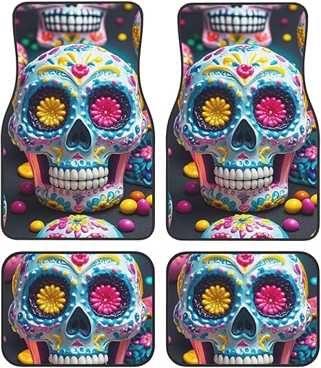 Car Floor Mats 4 Piece Universal Auto Interior Floor Mat Sugar Skulls Car Floor Mats Non-Slip Car Foot Pad Rear Carpets for Car Interior Decortaive Car Floor Carpet for Most Vehicles - sugar skull car floor mats