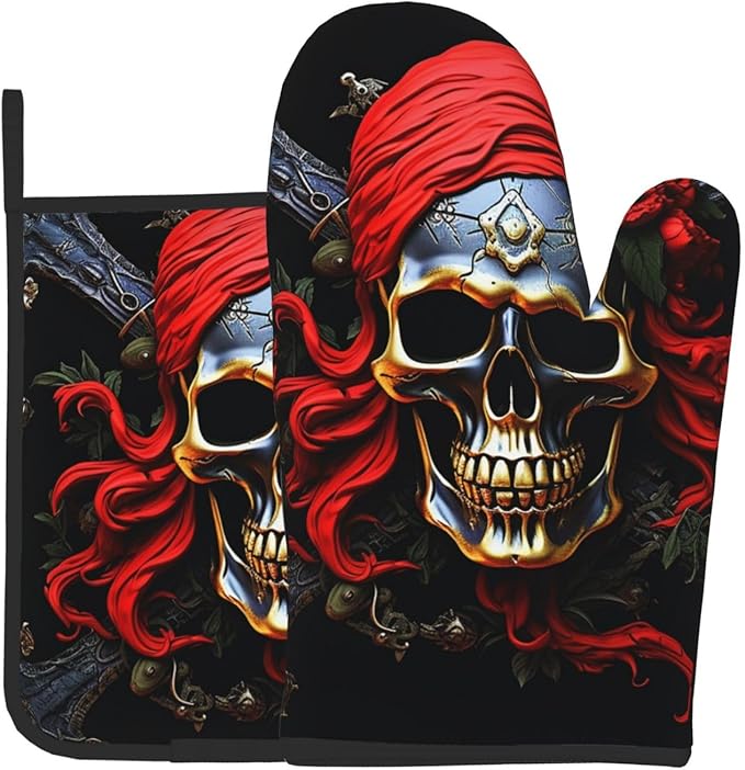 2 Pcs Oven Mitts and Pot Holders Set 500°F Heat Resistant Oven Gloves and Hot Pads Kitchen Mittens Pirate Skull Cooking Gloves Potholders for Baking Grilling BBQ - sugar skull oven mitts