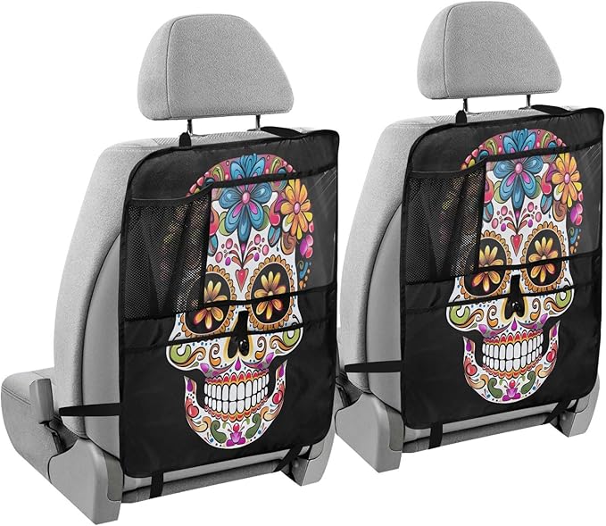 KJIMZO Colorful Sugar Skull Car Backseat Organizer Kick Mats Protector Seat Covers Vehicle Back Seat with Storage Pockets for Road Trip-2Ppacks - sugar skull car floor mats