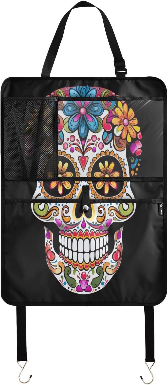 KJIMZO Colorful Sugar Skull Car Backseat Organizer Kick Mats Protector Seat Covers Vehicle Back Seat with Storage Pockets for Road Trip-1Ppack - sugar skull car floor mats