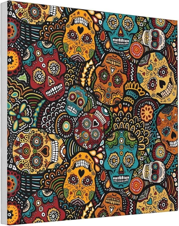 JaoXer 12"x12" Canvas Decorative Picture - Sugar Skull Print Print Wall Art Abstract Realistic Home Decor for Living Room, Bedroom, Office - sugar skull poster print
