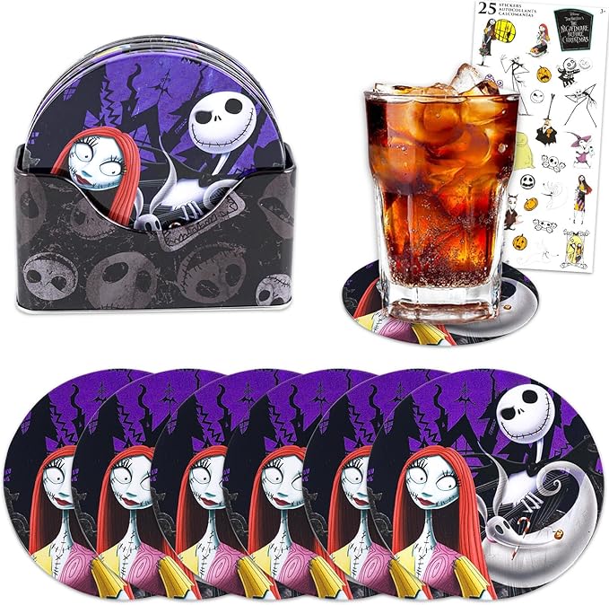 Nightmare Before Christmas Coaster Set - Home Decor Bundle with 6 Jack and Sally Tin Coasters with Storage Container Plus Stickers | Nightmare Before Christmas Coasters for Coffee Table - sugar skull coasters set