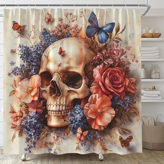 Sugar Skull Shower Curtain Vintage Pink Floral Butterfly Watercolor Halloween Skull Retro Horror Gothic Spooky Skeleton Fabric Bathroom Curtain Decor Bath Set with Hooks(70" WX70 H) - sugar skull shower curtain set