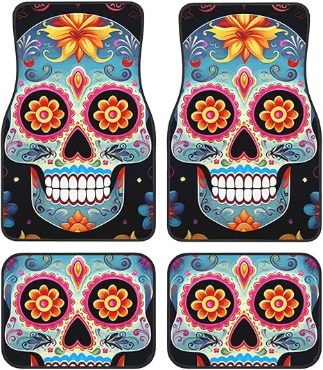 Car Floor Mats Four-Piece Set Non-Slip Automotive Front Rear Floor Foot Mats Sugar Skulls Car Mats Car Accessories Universal Car Floor Carpets for Car Trucks SUV Sedans - sugar skull car floor mats